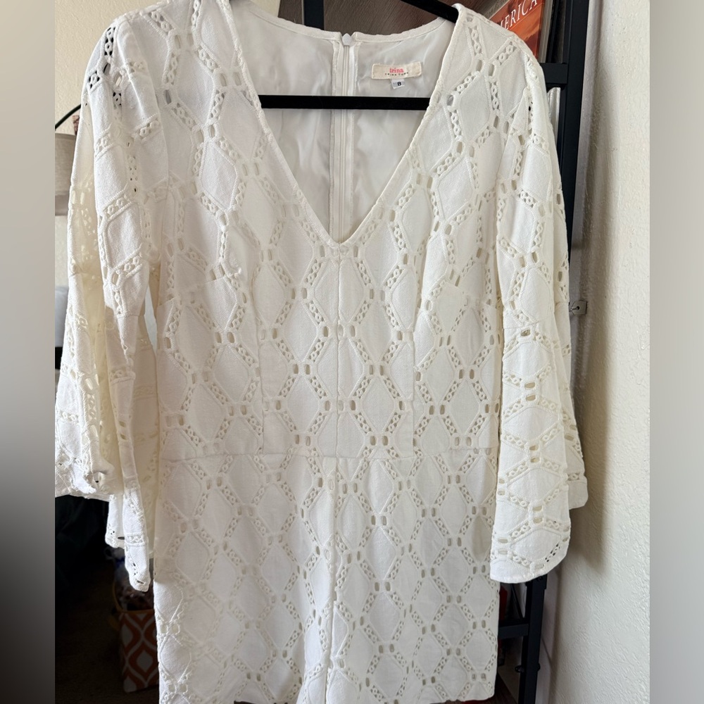 Trina Turk Ivory Lattice Lace V Neck Romper w/Flare Bell Sleeves